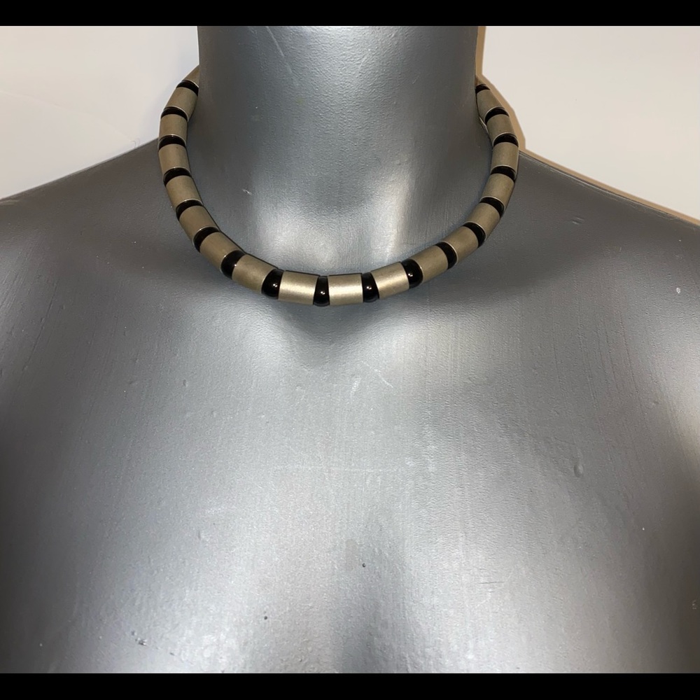 Black Beaded And Sterling Necklace